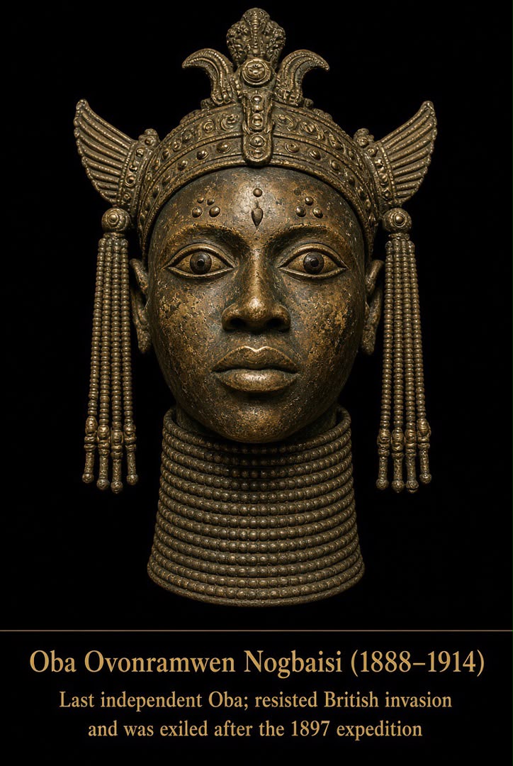 Bronze-style portrait head of Ọba Ọvọnramwẹ Nogbaisi